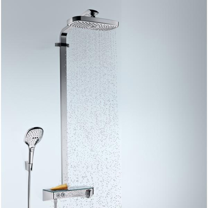 HG Raindance Select E Душевая система Showerpipe: верх.душ 300 2jet, ручн.душ, шланг, термостат с полочкой, цвет: белый/хром HG Raindance Select E Душевая система Showerpipe: верх.душ 300 2jet, ручн.душ, шланг, термостат с полочкой, цвет: белый/хром
