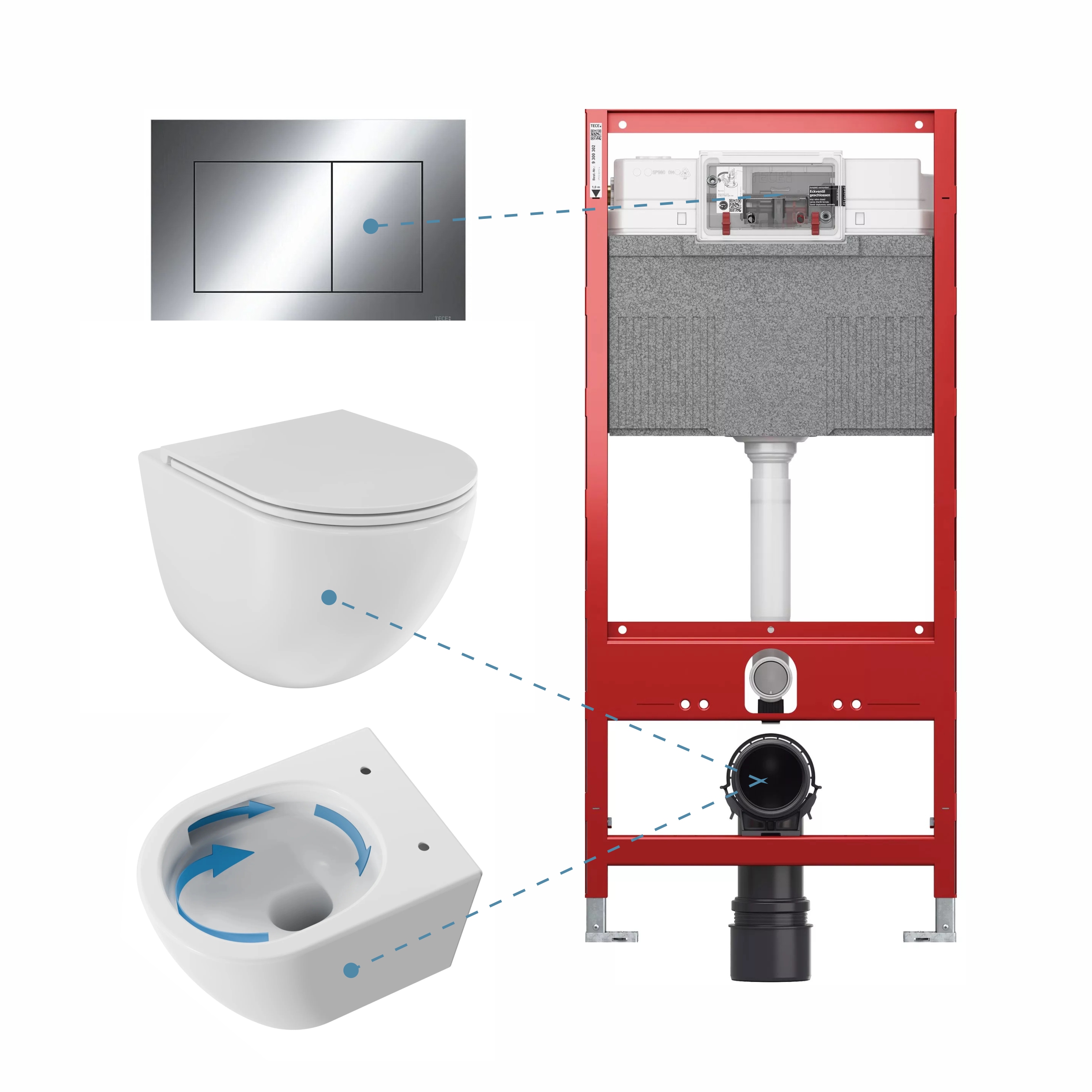 Инсталляция скрытого монтажа TECE, безободковый унитаз BESCO c крышкой soft-close и вихревым смывом, кнопка смыва TECE, хром