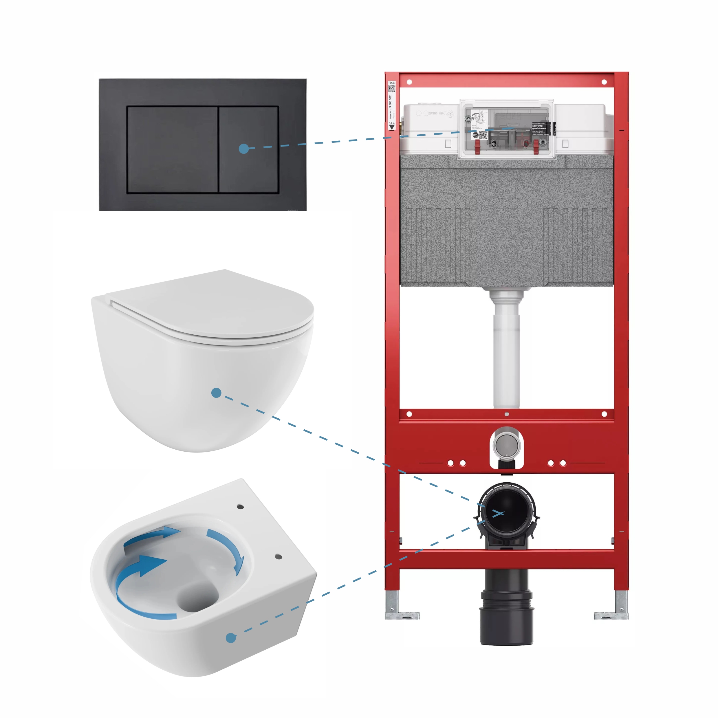 Инсталляция скрытого монтажа TECE, безободковый унитаз BESCO c крышкой soft-close и вихревым смывом, кнопка смыва TECE, чёрный