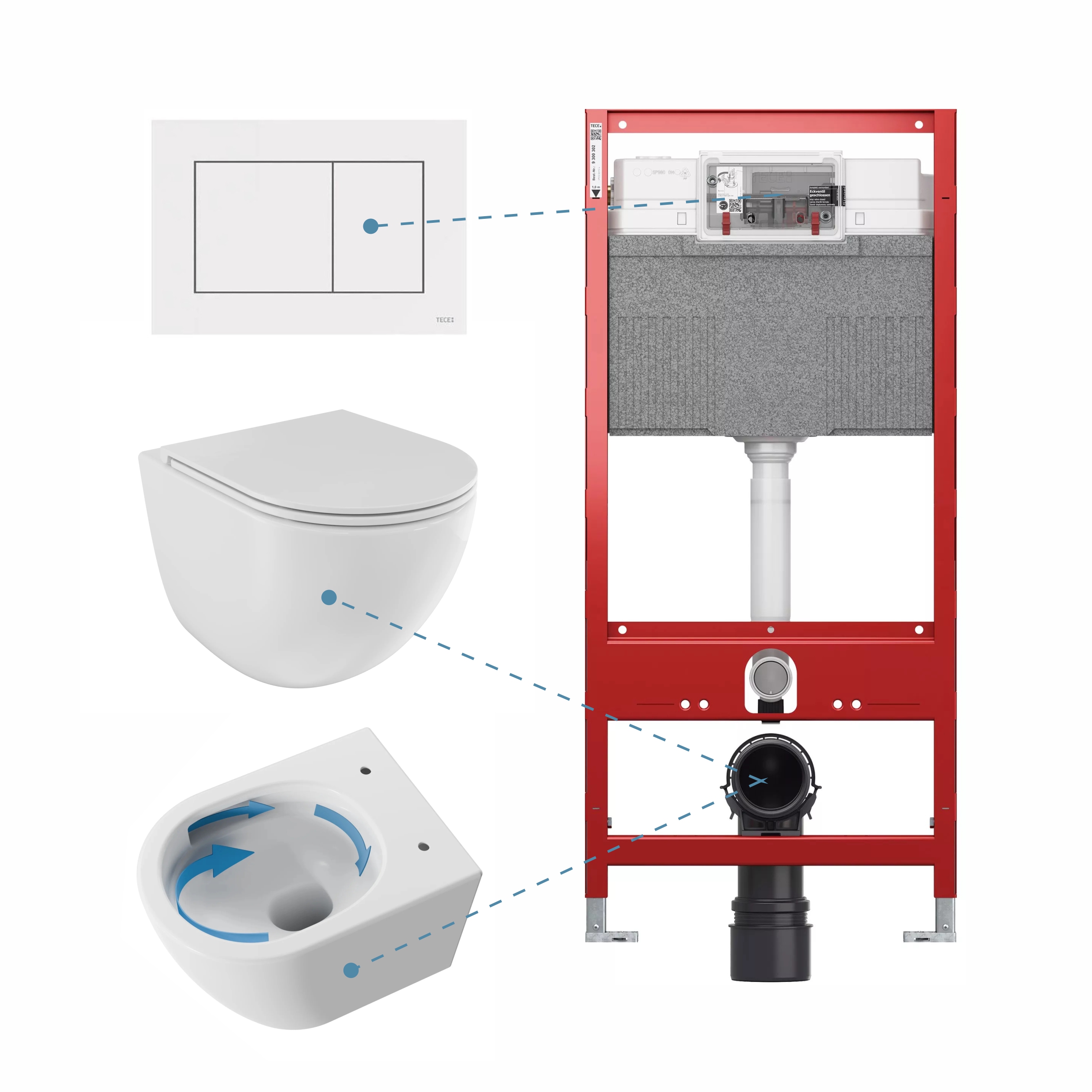 Инсталляция скрытого монтажа TECE, безободковый унитаз BESCO c крышкой soft-close и вихревым смывом, кнопка смыва TECE, белый