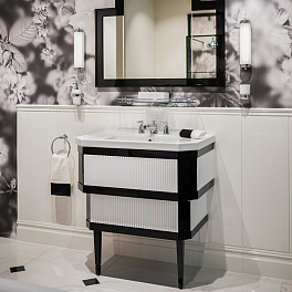Devon&Devon Metropolitan ceramic Тумба из лакир дерева DEEP BLACK 89х87.5 с раковиной из белой керамики на 3 отв, планки крашенное дерево PURE WHITE