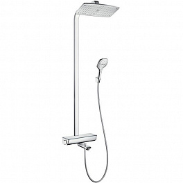 HG Raindance E Душевая система Showerpipe: верх.душ 360 2jet, ручн.душ, шланг, термостат для ванны с полочкой, излив 198мм, цвет: хром